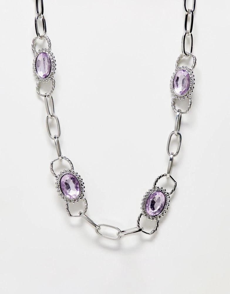 商品Reclaimed Vintage|Reclaimed Vintage unisex chunky chain necklace with lilac stones in silver,价格¥88,第1张图片