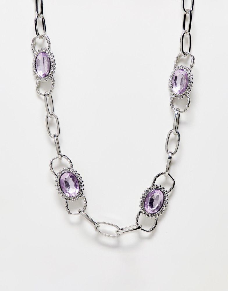 商品Reclaimed Vintage|Reclaimed Vintage unisex chunky chain necklace with lilac stones in silver,价格¥98,第1张图片