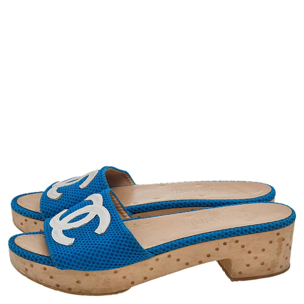 商品[二手商品] Chanel|Chanel Blue/White Mesh And Leather CC Logo Platform Slide Wooden Sandals Size 39,价格¥3620,第4张图片详细描述