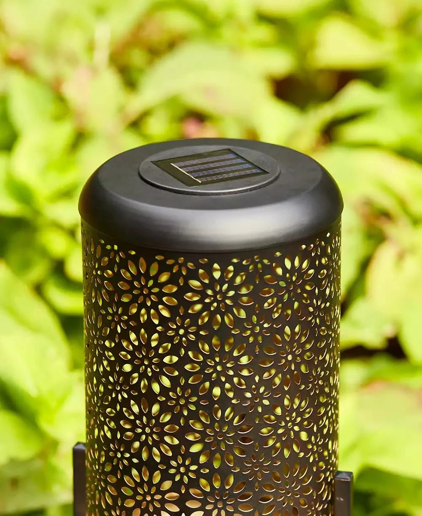 14.25" H Black and Gold-Tone Metal Cutout Flower Pattern Solar Powered LED Outdoor Lantern with Stand 商品