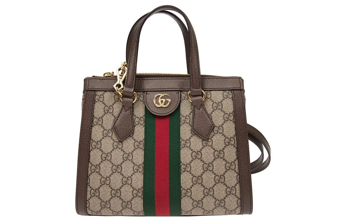 商品[国内直发] Gucci|古驰 Ophidia 老花Logo条纹织带百搭 帆布 托特包Tote包购物袋手提斜挎单肩包 男女同款 乌木色/棕色,价格¥14620,第1张图片