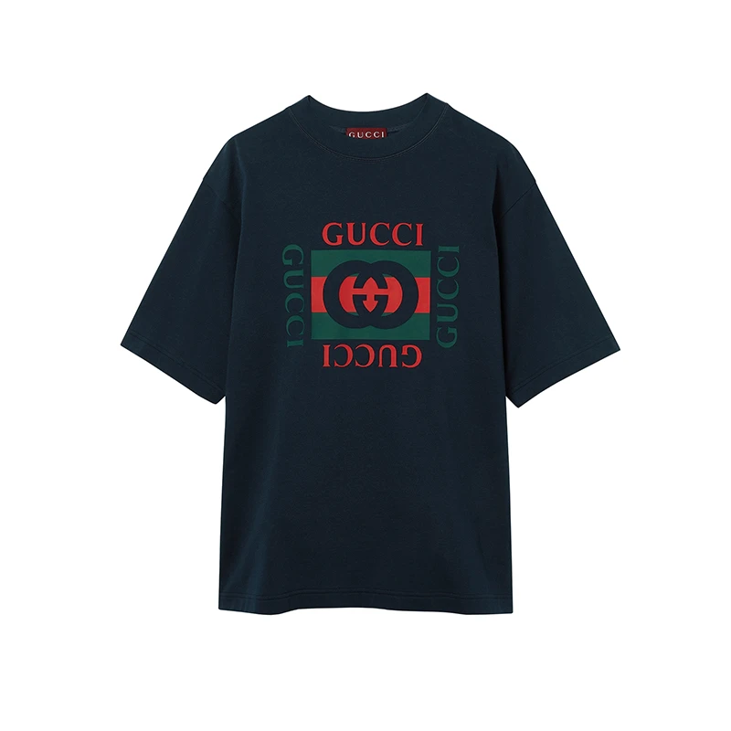商品Gucci|GUCCI/古驰24新款 男士海军蓝棉质圆领落肩双G印花T恤,价格¥3639,第1张图片