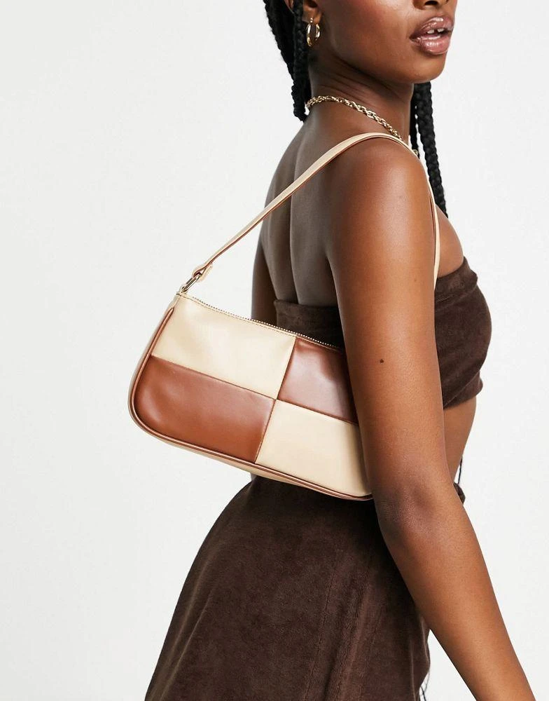 商品ASOS|ASOS DESIGN slim 90s shoulder bag in brown & beige patchwork ,价格¥112,第2张图片详细描述