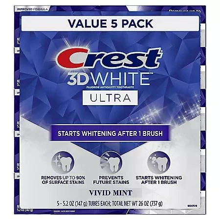 商品Crest|Crest 3D White Vivid Mint Ultra Whitening Toothpaste, 5.2 oz., 5 pk.,价格¥111,第1张图片