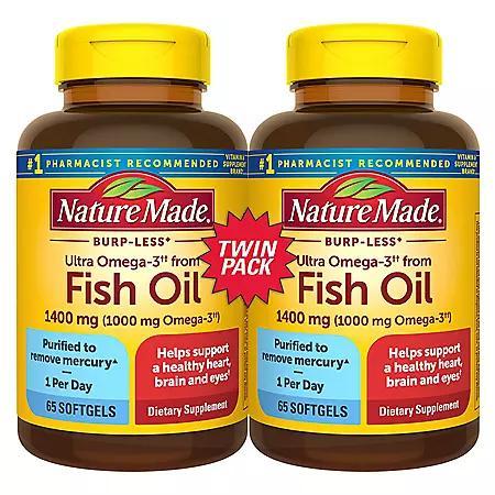 商品Nature Made|Nature Made Burp-Less Ultra Omega 3 from Fish Oil 1400 mg. Softgels (65 ct., 2pk.),价格¥123,第1张图片