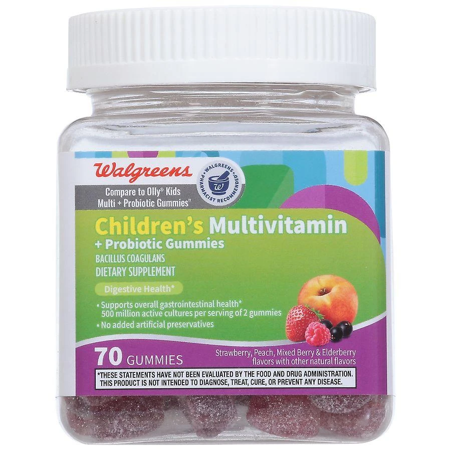 商品Walgreens|Children's Multivitamin + Probiotic Gummies (70 days) Strawberry, Peach, Mixed Berry & Elderberry,价格¥75,第1张图片