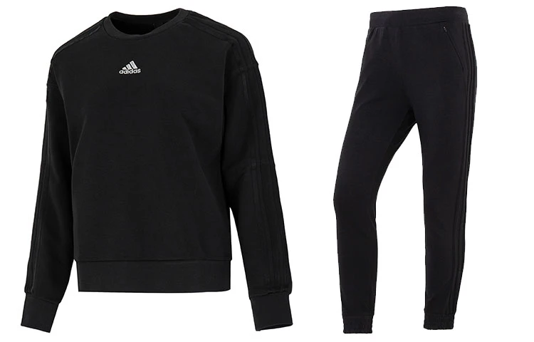 商品[国内直发] Adidas|[预售3天]adidas Logo刺绣圆领套头卫衣束脚休闲裤套装 女款 黑色,价格¥470,第1张图片