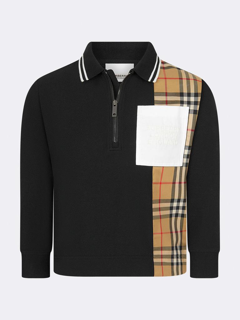 Burberry Black Boys Cotton Check Strip Polo Shirt商品第1张图片规格展示