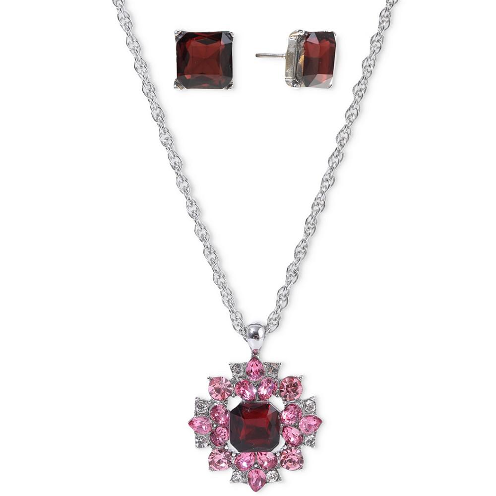 Silver-Tone Mixed Stone Flower Pendant Necklace & Square Stud Earrings Set, Created for Macy's商品第1张图片规格展示