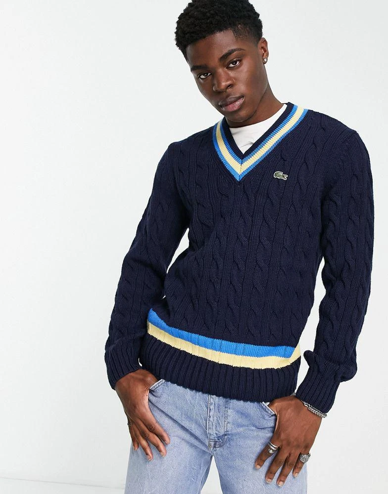 商品Lacoste|Lacoste v neck stripe jumper in navy,价格¥1281,第1张图片