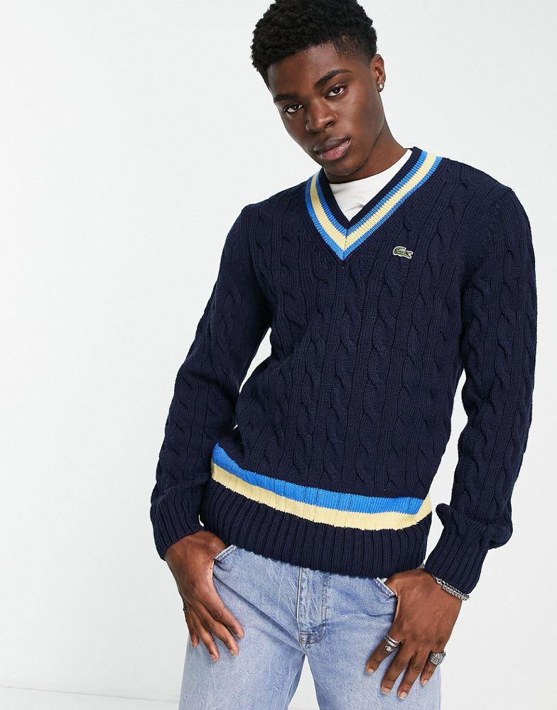 商品Lacoste|Lacoste v neck stripe jumper in navy,价格¥1748,第1张图片