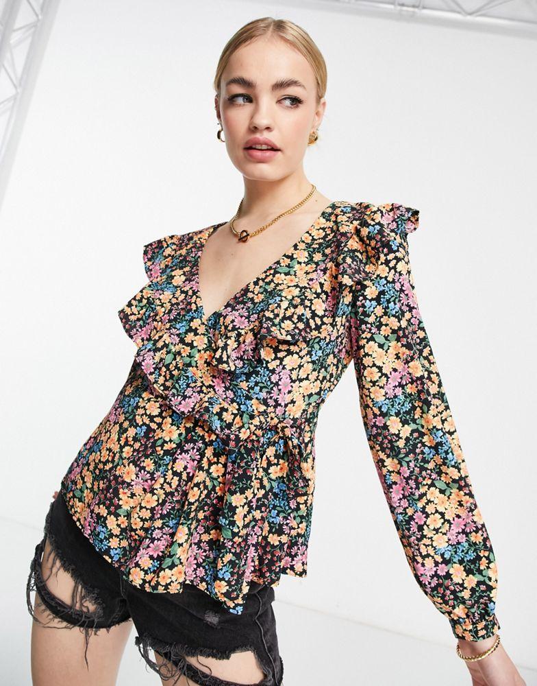 Topshop floral wrap blouse in multi商品第4张图片规格展示