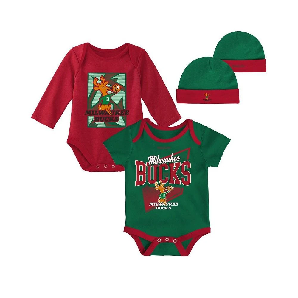 商品Mitchell & Ness|Infant Boys and Girls Hunter Green, Red Milwaukee Bucks Hardwood Classics Bodysuits and Cuffed Knit Hat Set,价格¥301,第1张图片