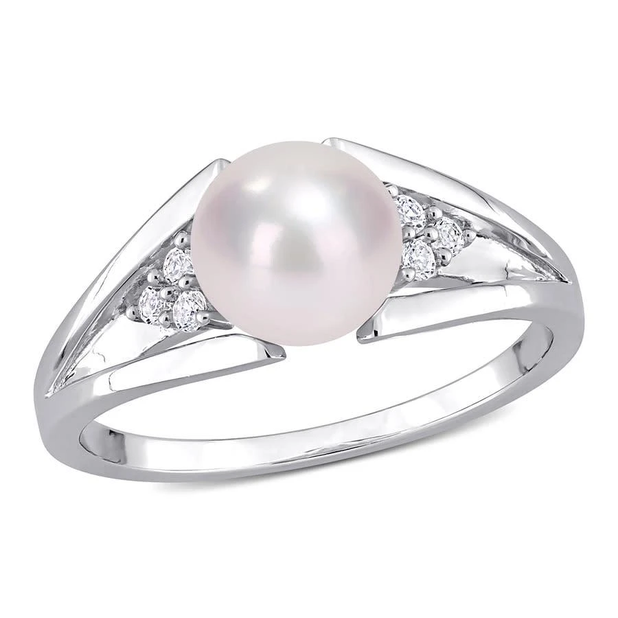 商品Amour|7-7.5mm Freshwater Cultured Pearl and Diamond Accent Split-Shank Ring in Sterling Silver,价格¥476,第1张图片