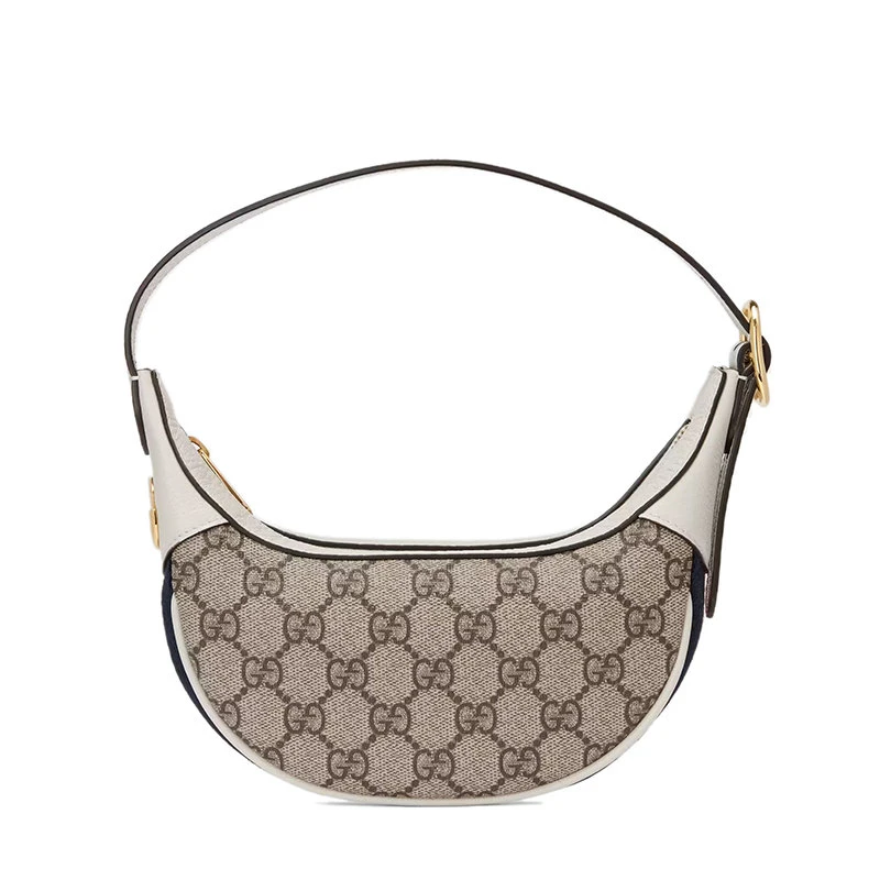 商品Gucci|【预售3-7天】GUCCI/古驰 22春夏新款Ophidia系列 女士迷你米色/乌木色老花帆布白色皮革滚边半月形单肩腋下包‎65855196IWG9794,价格¥7169,第5张图片详细描述