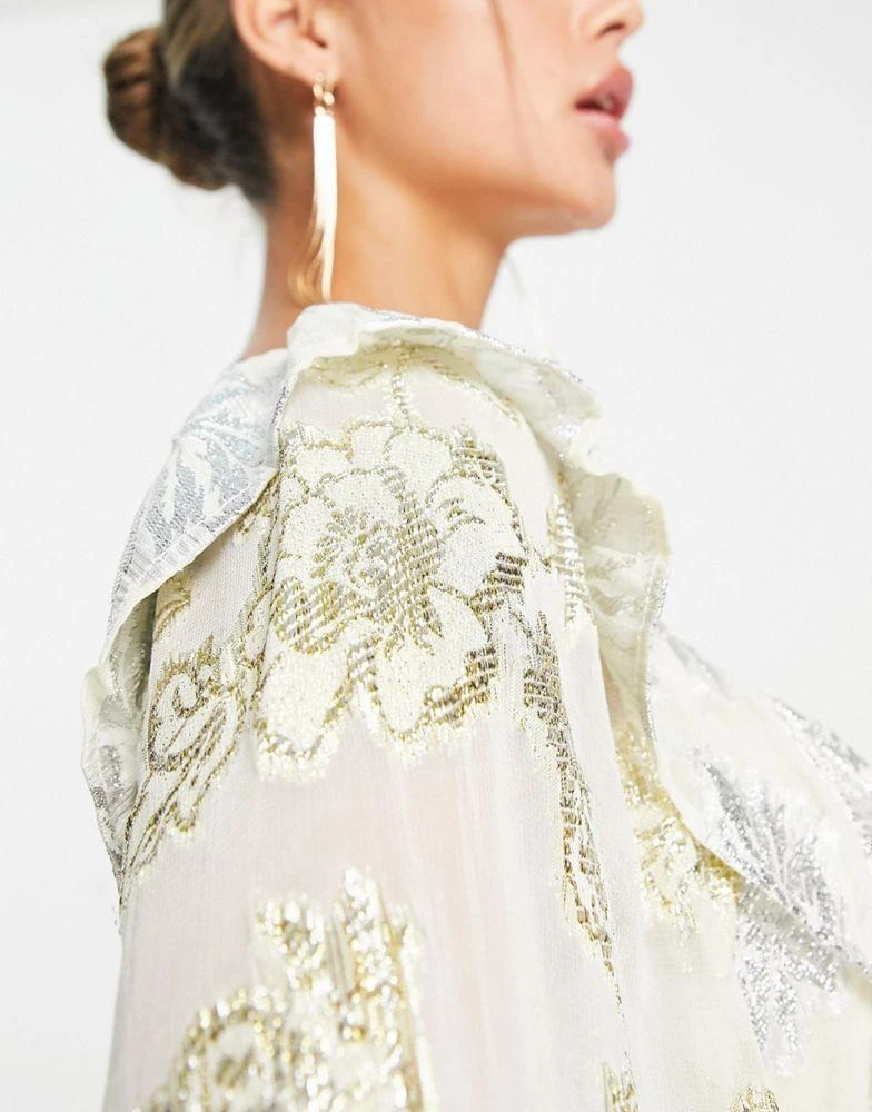 商品ASOS|ASOS DESIGN metallic jacquard square neck ruffle mini dress in gold and silver,价格¥256,第3张图片详细描述