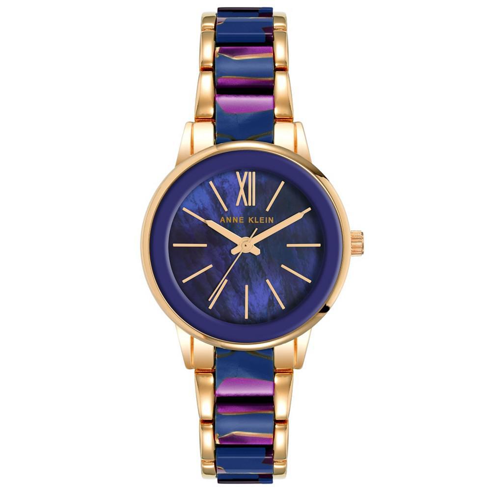 商品Anne Klein|Women's Three-Hand Quartz Rose Gold-Tone Alloy with Navy and Purple Resin Bracelet Watch, 32mm,价格¥330,第1张图片