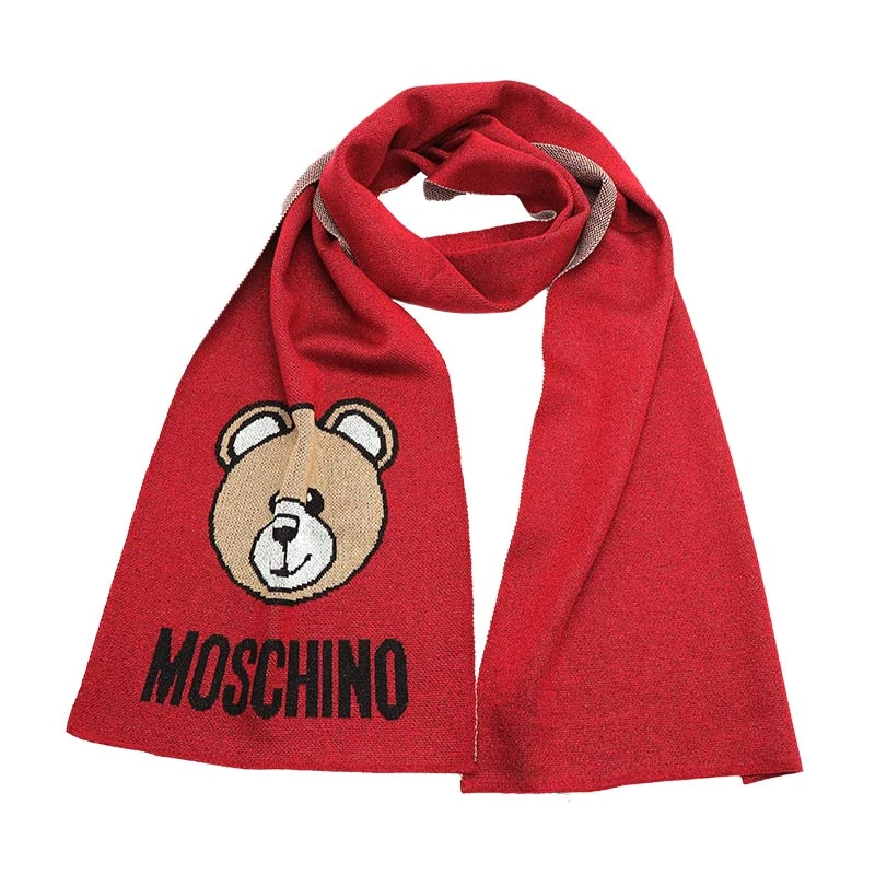 MOSCHINO/莫斯奇诺 女士 红色拼燕麦色 金银丝线小熊头像款围巾30666M2345 007 商品