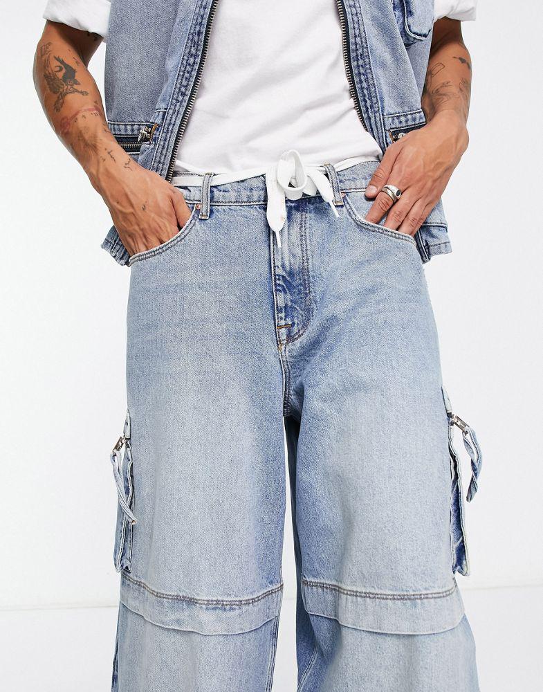 ASOS DESIGN co-ord extreme wide leg jeans in vintage light wash blue with cargo detail商品第3张图片规格展示