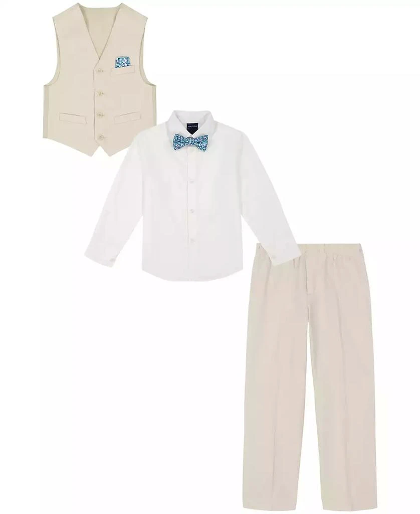 Little Boys Machine Washable Natural-Linen-Look  Vest, Shirt, Pants, Bowtie and Pocket Square, 5 Piece Set 商品