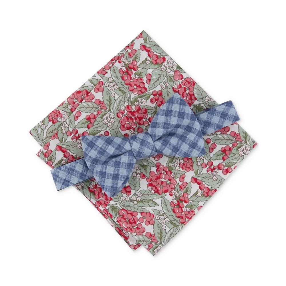 Men's Brandon Check Pre-Tied Bow Tie & Floral Pocket Square Set, Created for Macy's商品第1张图片规格展示