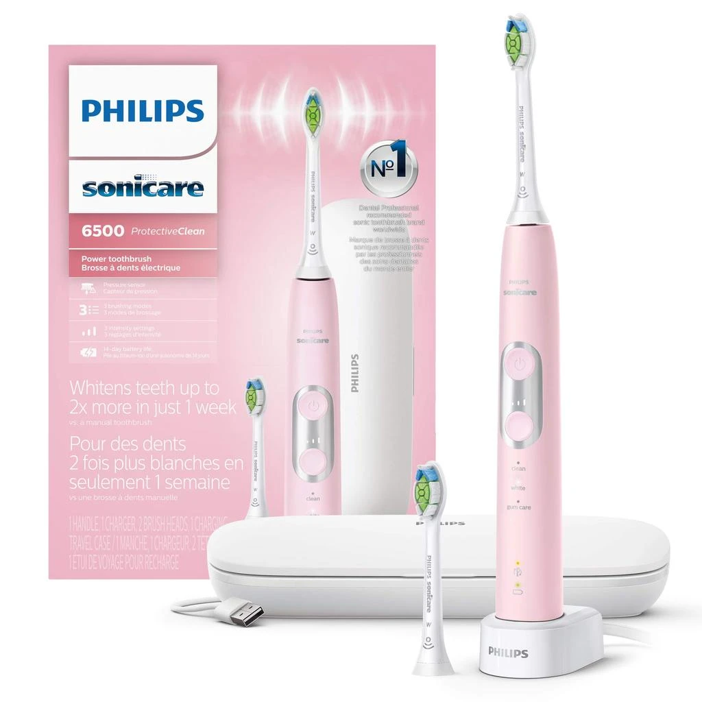 商品Philips Sonicare|PHILIPS Sonicare ProtectiveClean 6500 Rechargeable Electric Toothbrush, with Pressure Sensor, 3 Cleaning Modes, SmarTimer and QuadPacer, 14-Day Battery Life, Charging Travel Case, Pink, HX6462/06,价格¥1529,第1张图片