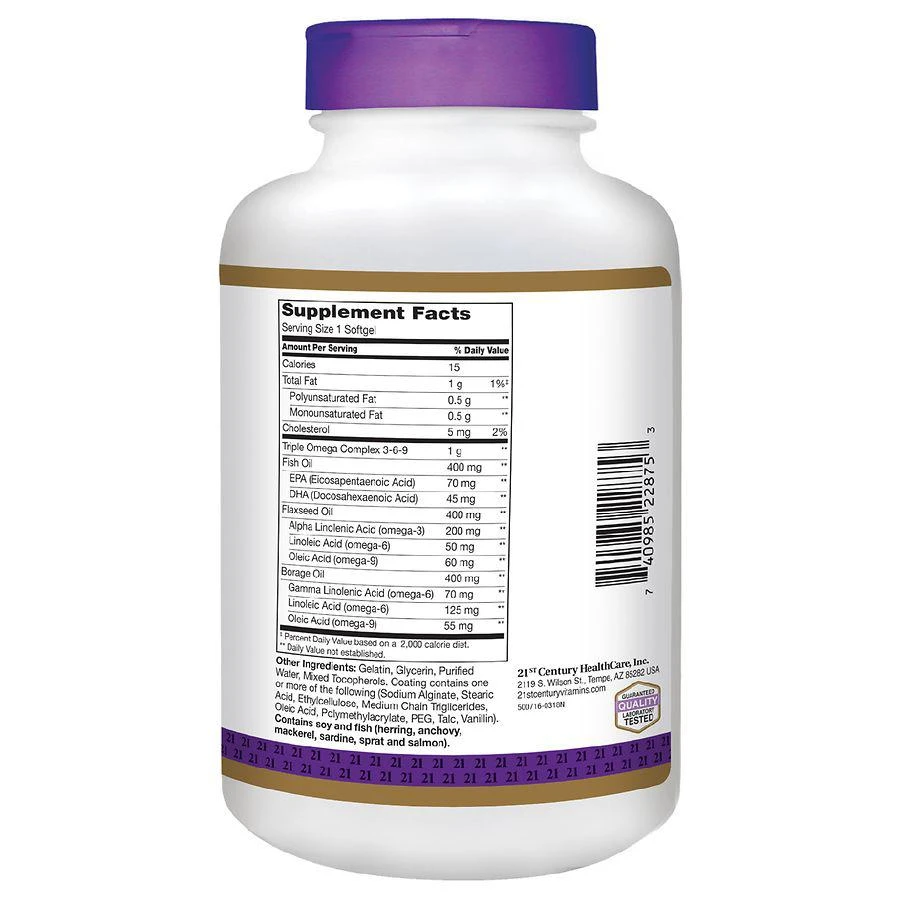 商品21st Century|Enteric Coated Triple Omega Complex 3-6-9, Reflux Free,价格¥149,第3张图片详细描述