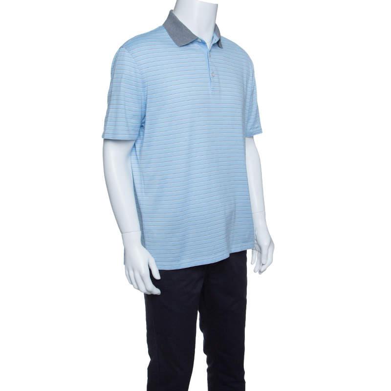 Ermenegildo Zegna Sky Blue Striped Cotton Contrast Collar Polo T-Shirt XXL商品第2张图片规格展示