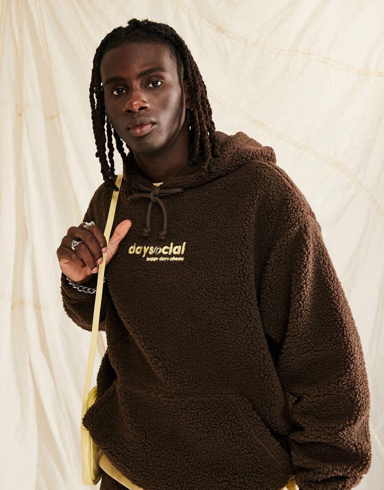 商品ASOS|ASOS Daysocial co-ord oversized hoodie in teddy borg with large back logo embroidery in brown,价格¥363,第6张图片详细描述