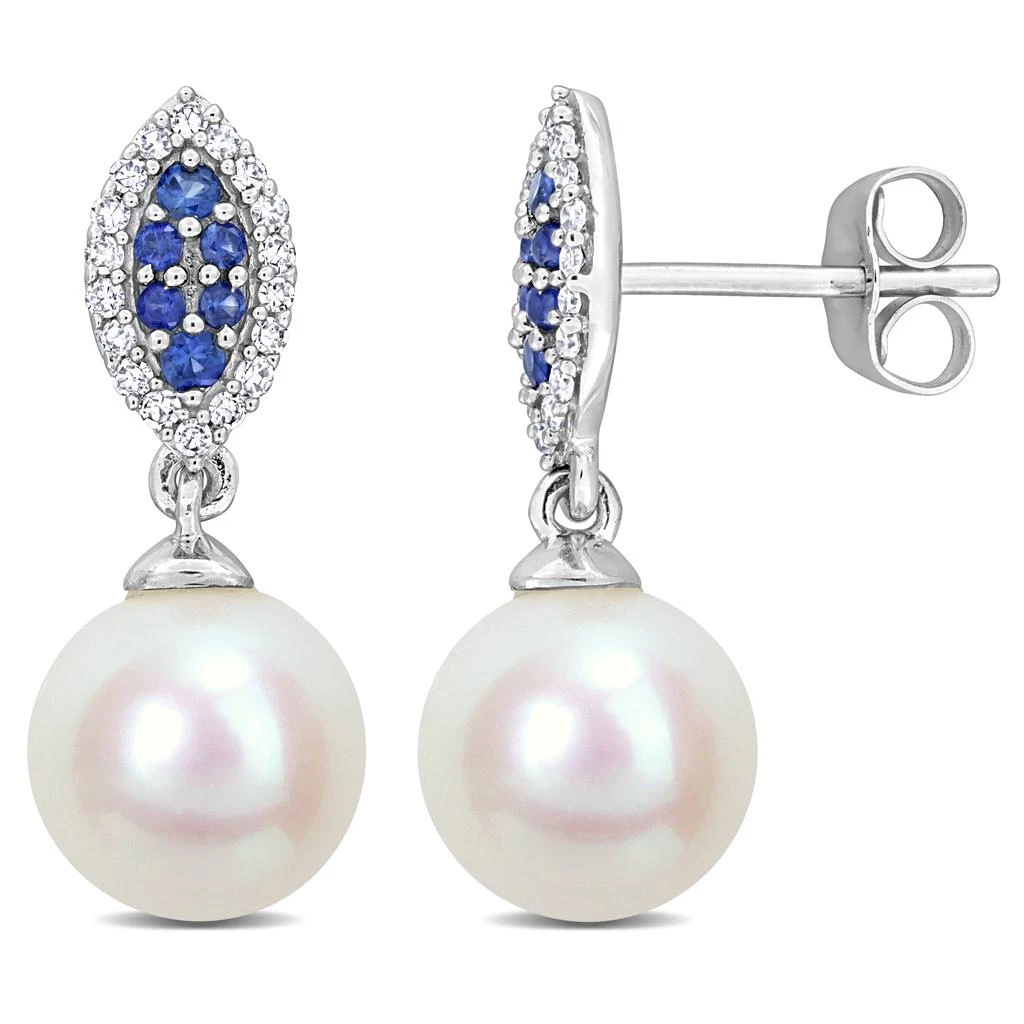 商品Mimi & Max|Mimi & Max 8mm Cultured Freshwater Pearl 1/7ct TDW Diamond 1/6ct TGW Sapphire Marquise Earrings 14k White Gold,价格¥2721,第1张图片