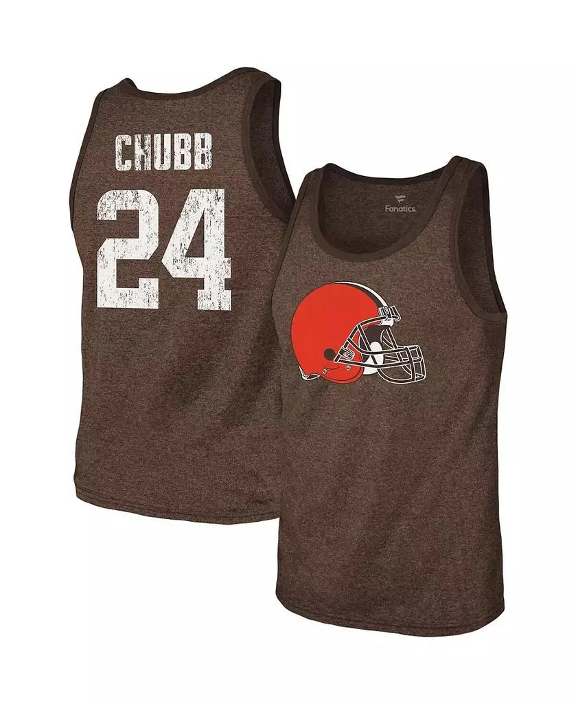 商品Majestic|Men's Threads Nick Chubb Heathered Brown Cleveland Browns Name and Number Tri-Blend Tank Top,价格¥328,第1张图片