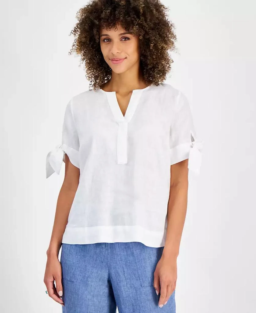 商品Charter Club|Women's 100% Linen Split-Neck Tie-Cuff Top, Created for Macy's,价格¥223,第1张图片