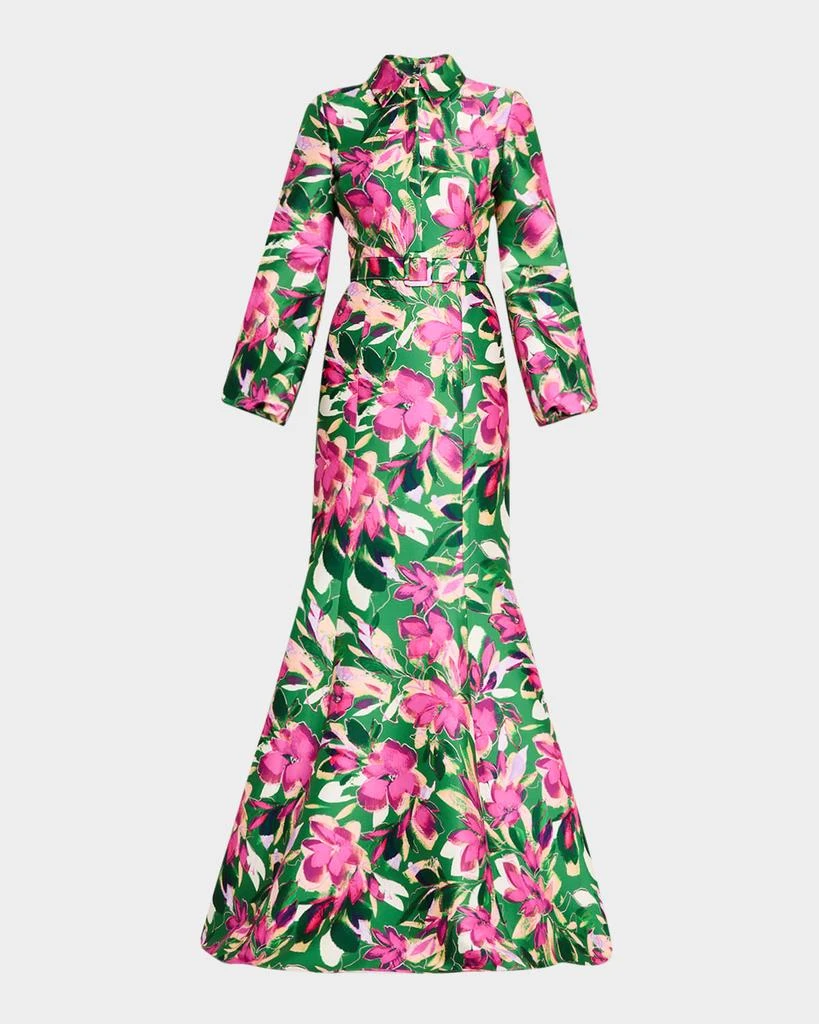 商品Badgley Mischka|Belted Floral-Print Mikado Shirt Gown,价格¥7144,第1张图片