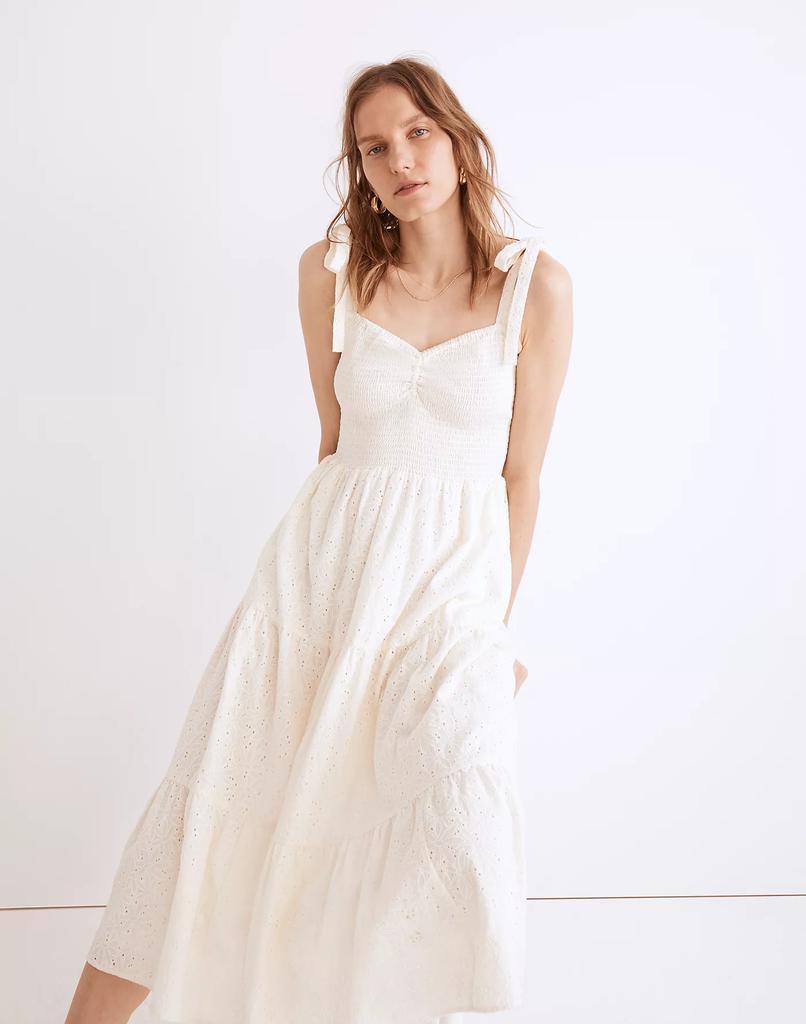 商品Madewell|Eyelet Lucie Tie-Strap Tiered Midi Dress,价格¥224,第3张图片详细描述