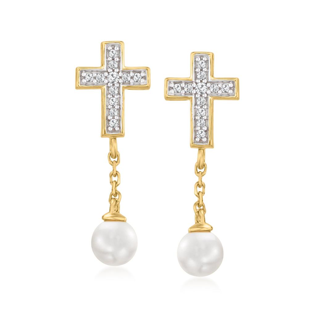Ross-Simons 4-4.5mm Cultured Pearl Cross Drop Earrings With Diamond Accents in 14kt Yellow Gold商品第1张图片规格展示