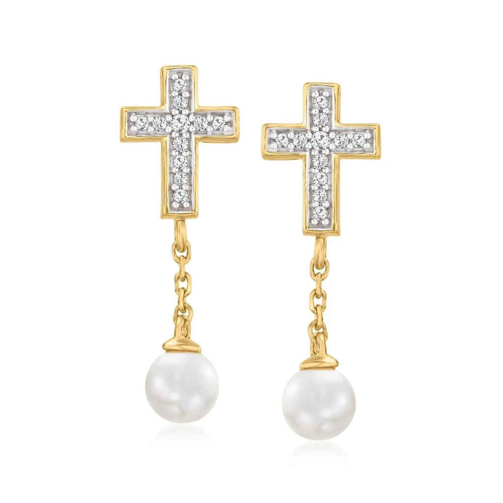 商品Ross-Simons|Ross-Simons 4-4.5mm Cultured Pearl Cross Drop Earrings With Diamond Accents in 14kt Yellow Gold,价格¥1254,第1张图片