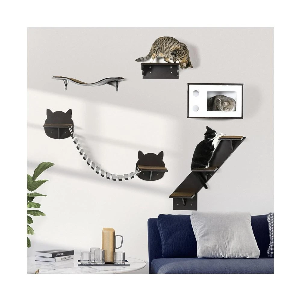 商品PawHut|Cat Shelves with Ergonomically Curved Platform, Cozy Cat House, Bridge, Easy Stairs, and Flat Perch, Wall-Mounted Cat Tree Climbing Playground, Modern Cat Tree, Coffee Brown,价格¥1008,第1张图片