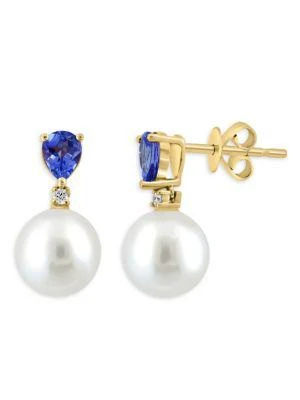 商品Effy|14K Yellow Gold Diamond, 9MM Freshwater Pearl & Tanzanite Drop Earrings,价格¥2986,第1张图片