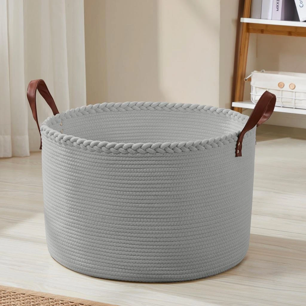 商品Ornavo Home|Extra Large Round Cotton Rope Storage Basket Laundry Hamper with Leather Handles,价格¥282,第1张图片