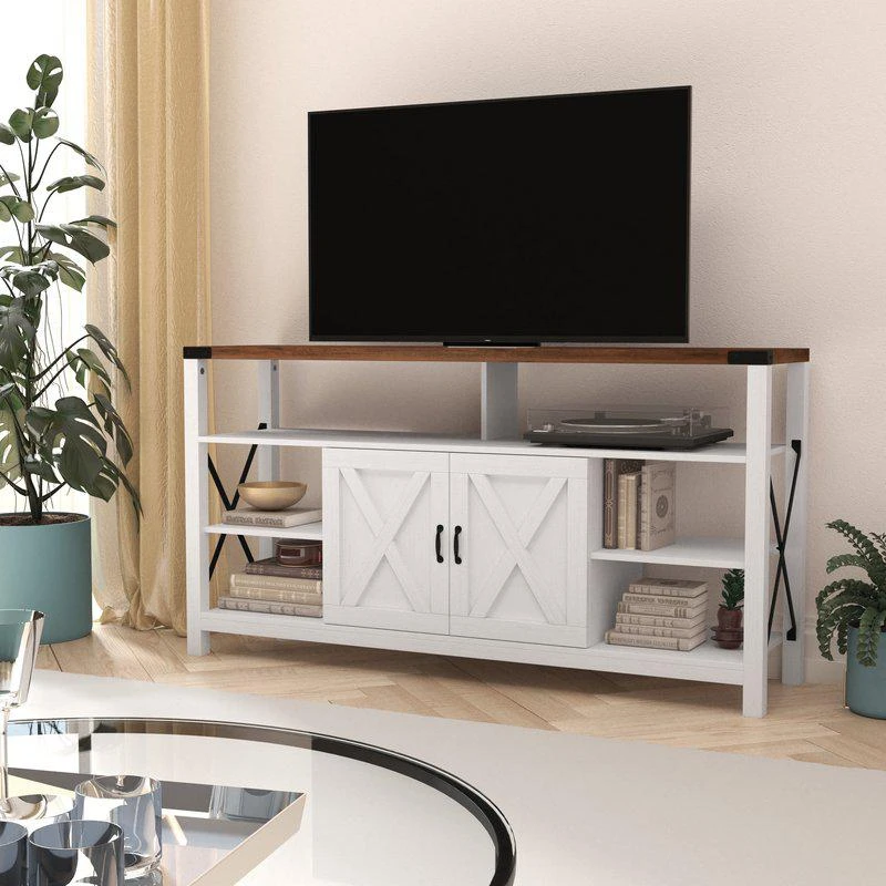 商品Merrick Lane|Green River 60" Media Console In White With Rustic Oak Top For 55+ Inch TV's With Open And Closed Storage,价格¥1878,第1张图片