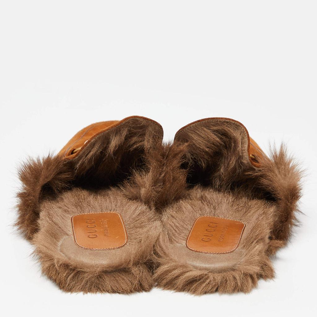 Shop Gucci Brown Suede and Fur Lined Princetown Flat Mules