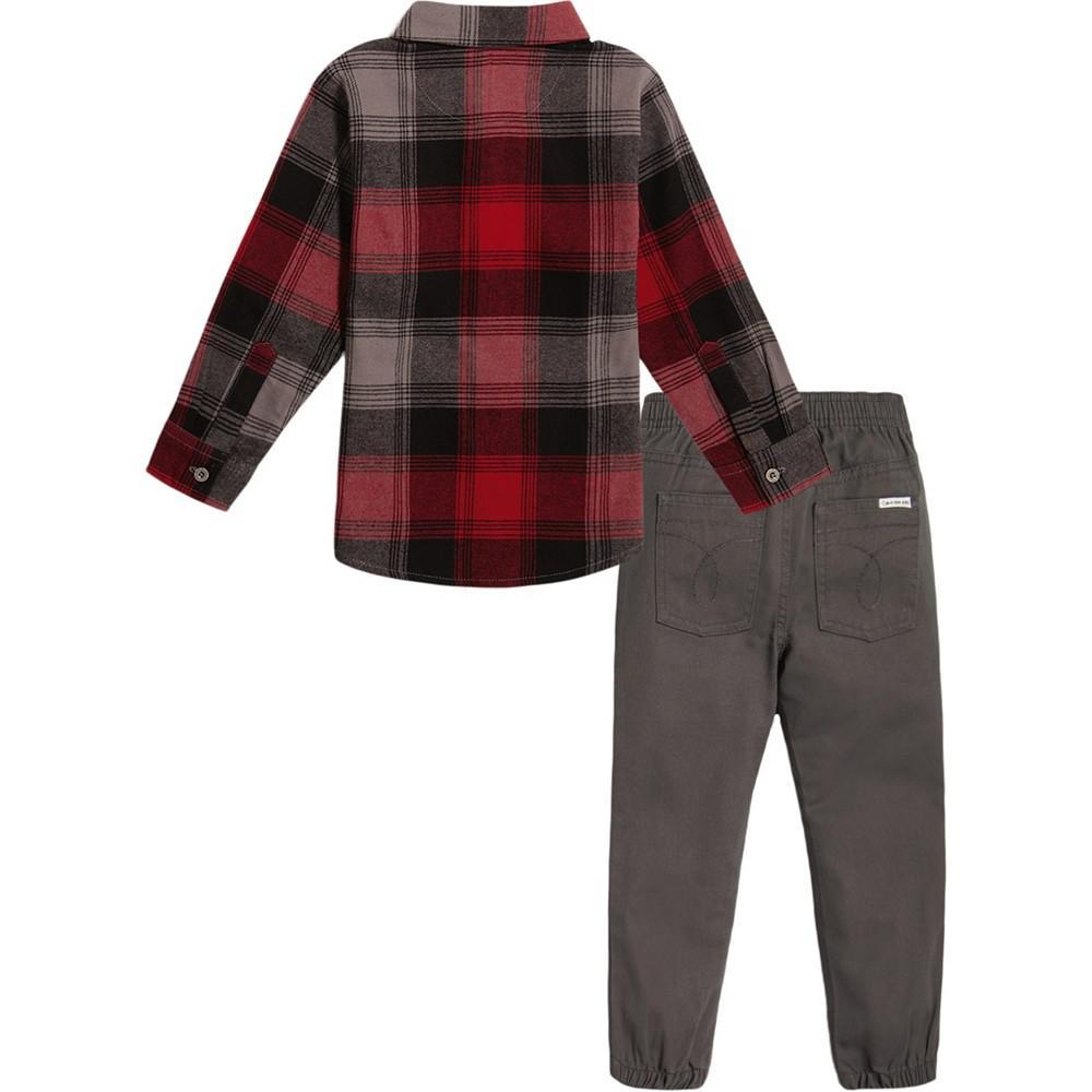 商品Calvin Klein|Little Boys Yarn-Dyed Plaid Button-Front Shirt and Twill Joggers, 2 Piece Set,价格¥291,第4张图片详细描述