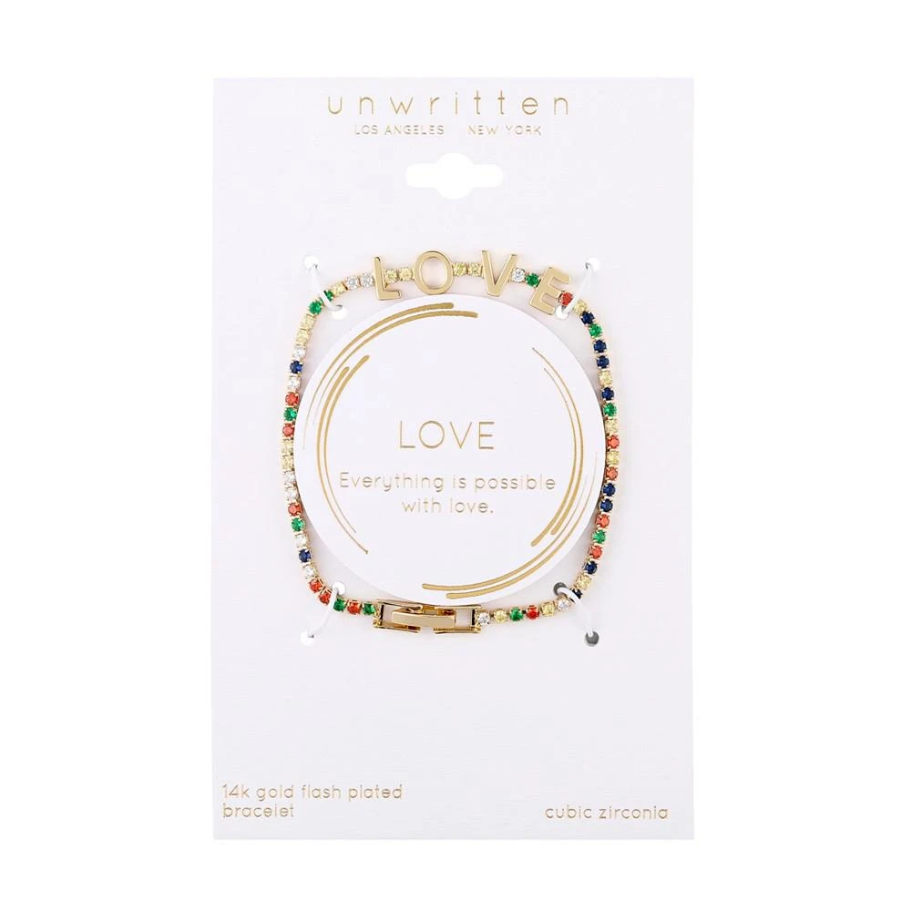 商品Unwritten|14K Gold Flash-Plated Brass Multi Color Cubic Zirconia "Love" Tennis Bracelet,价格¥191,第2张图片详细描述