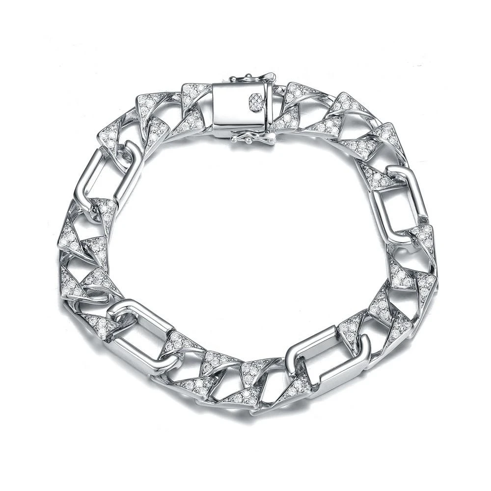 商品Genevive|Men's Sterling Silver White Gold Plated with Iced Out Cubic Zirconia Mixed Cuban Chain Bracelet,价格¥1530,第1张图片