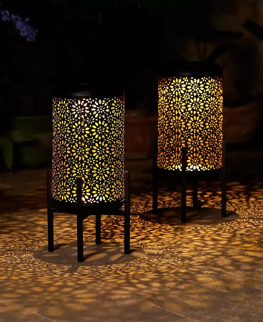 14.25" H Set of 2 Black and Gold-Tone Metal Cutout Flower Pattern Solar Powered LED Outdoor Lantern with Stand 商品