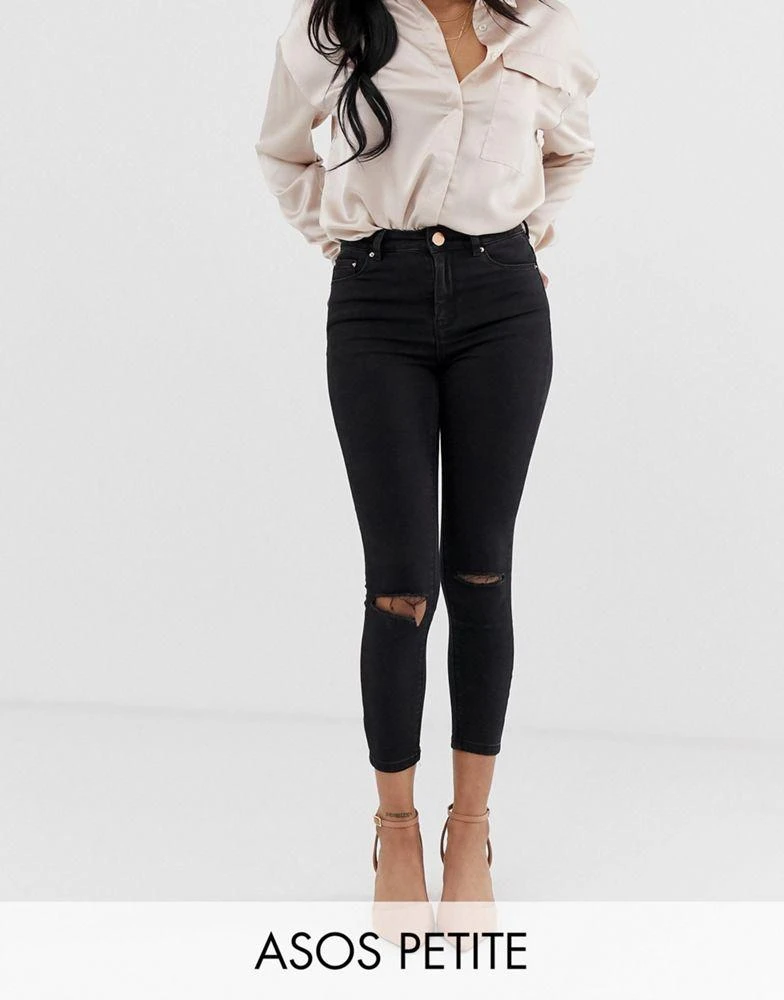 商品ASOS|ASOS DESIGN Petite Ridley high waisted skinny jeans in clean black with ripped knees,价格¥176,第1张图片