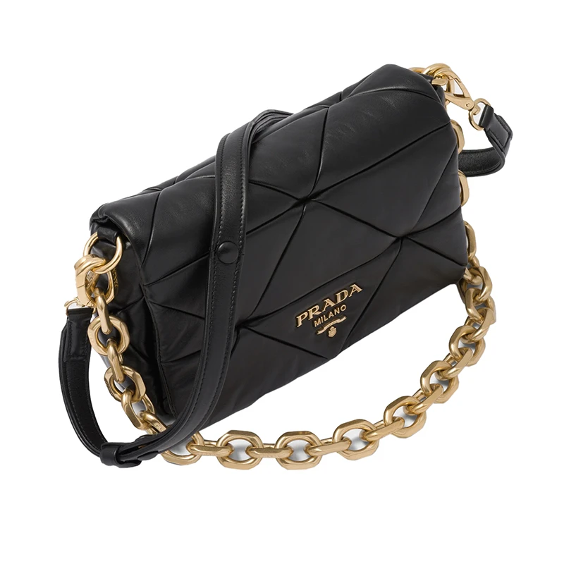 PRADA/普拉达 22新款 System系列 女士黑色皮革三角形拼布图案拆卸链条金属徽标翻盖单肩包1BD328_2DMO_F0002_V_TWO 商品