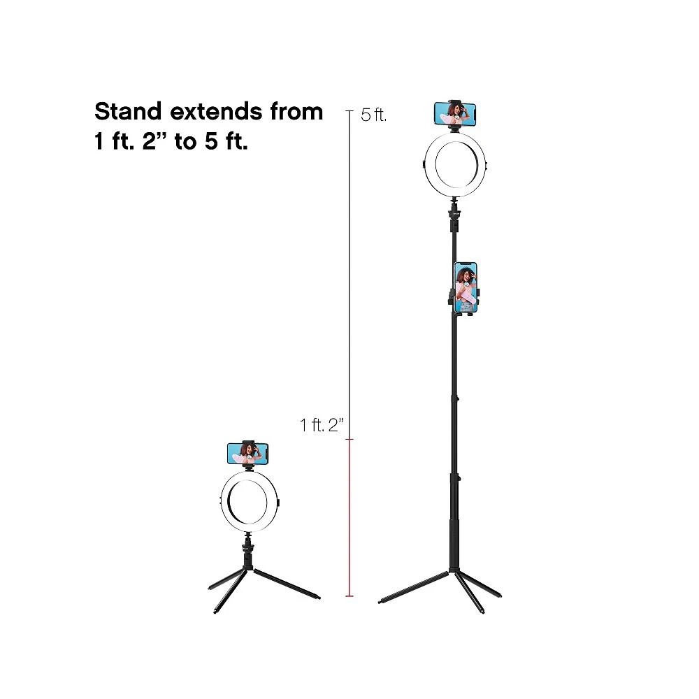 商品Tzumi|OnAir Multi-Media Station, Dual Phone Tripod Stand With 8" LED Ring Light and Selfie Stick Perfect for Podcasting Vlogging and YouTube,价格¥228,第5张图片详细描述