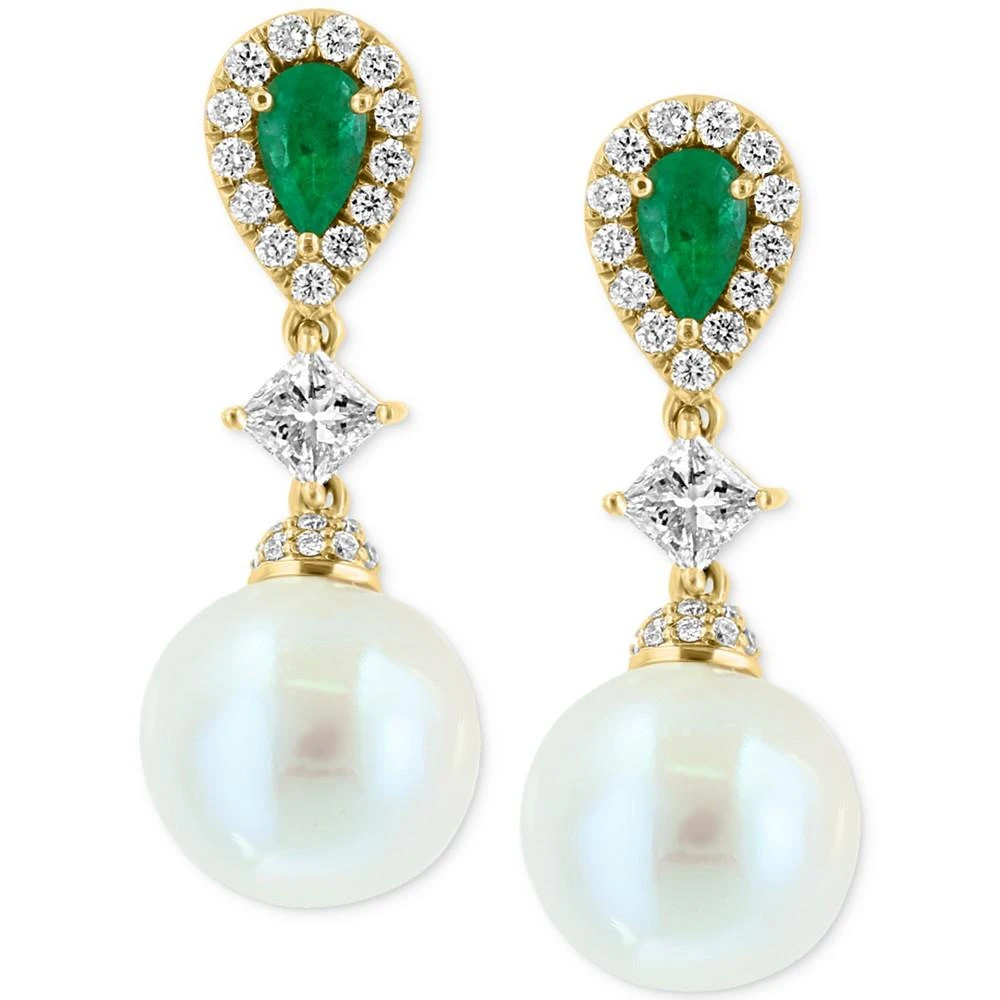 商品Effy|EFFY® Freshwater Pearl (9mm), Emerald (3/8 ct. t.w.) & Diamond (5/8 ct. t.w.) Drop Earrings in 14k Gold,价格¥29442,第3张图片详细描述
