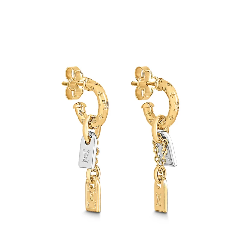 商品Louis Vuitton|预售十天Louis Vuitton/路易威登 22春夏新款NANOGRAM系列 金色/银色双色金属镂刻老花图案装饰银色吊饰耳环M00607,价格¥3518,第1张图片